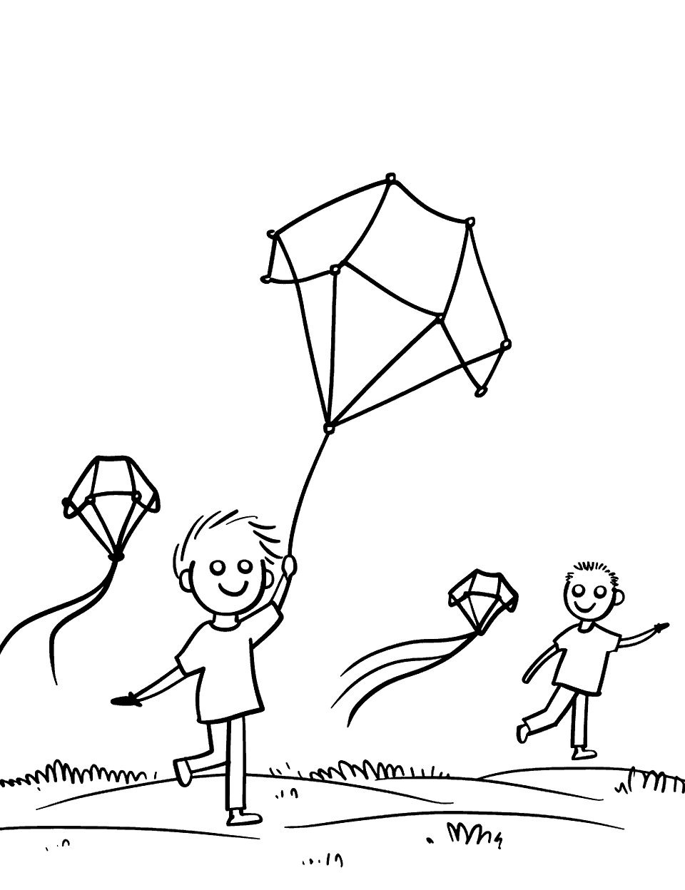 Cool Kite Festival Shapes Coloring Page - Kids running with kites shaped like geometric figures against a clear sky.