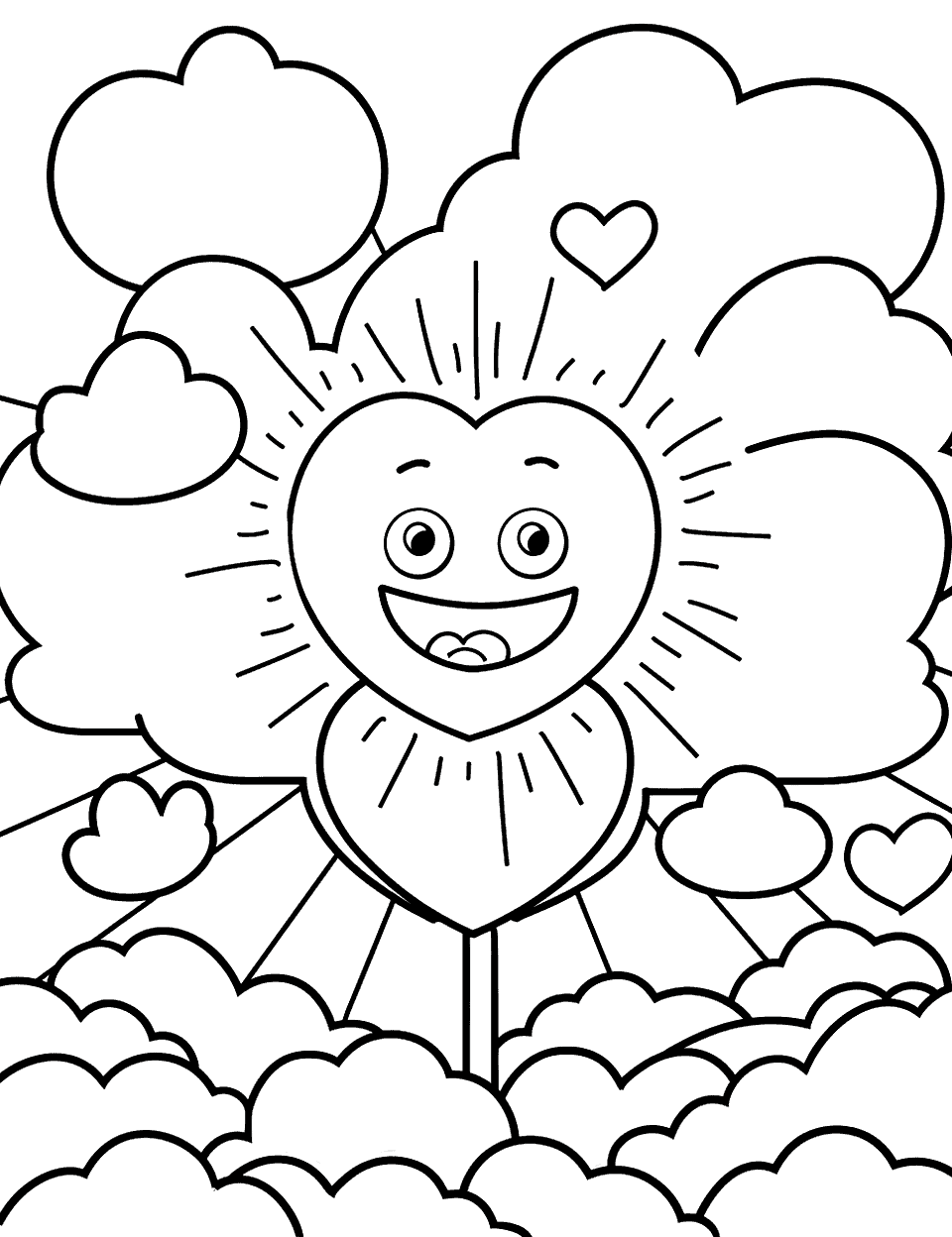 Heart in the Clouds Shapes Coloring Page - A sky scene with clouds and a big shining sun in the shape of a heart.