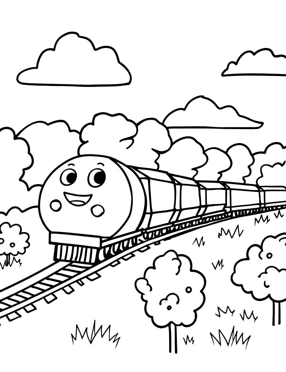Rectangle Railway Shapes Coloring Page - A train with rectangular cars chugging along a simple track through the countryside.