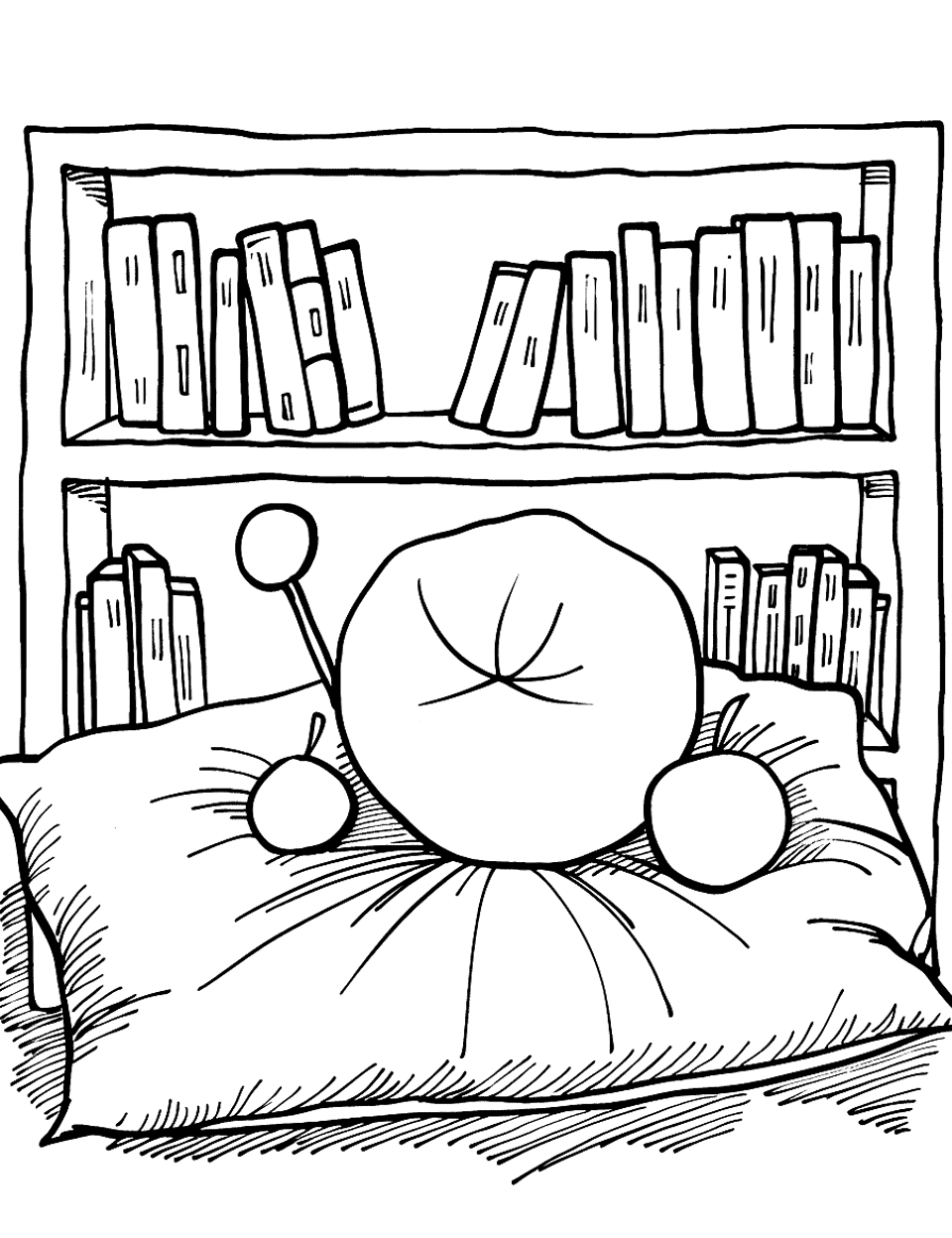 Rectangle Reading Nook Shapes Coloring Page - A cozy corner with a rectangular bookshelf filled with books.