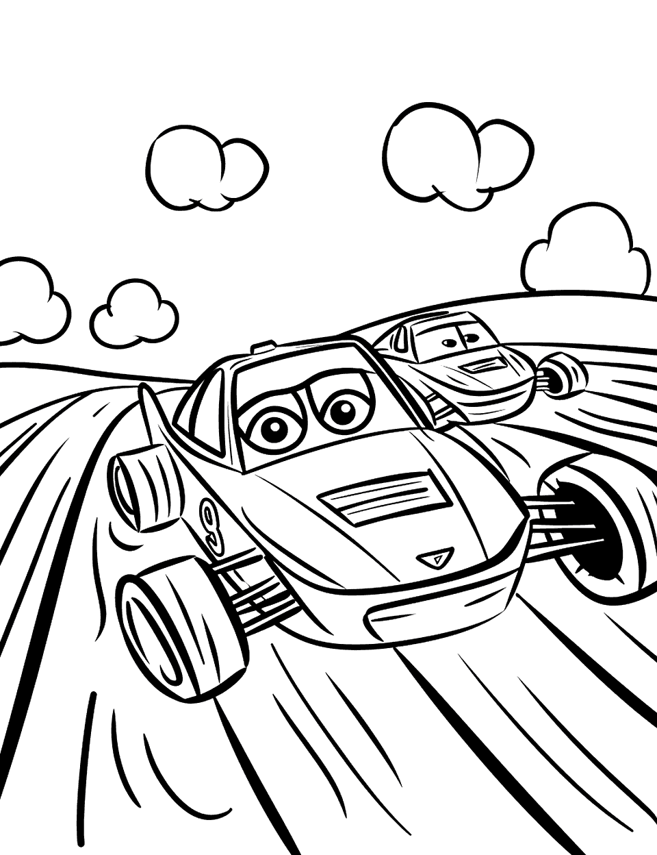 Rectangle Race Cars Shapes Coloring Page - Sleek race cars with rectangular bodies speeding down a simple, straight track.