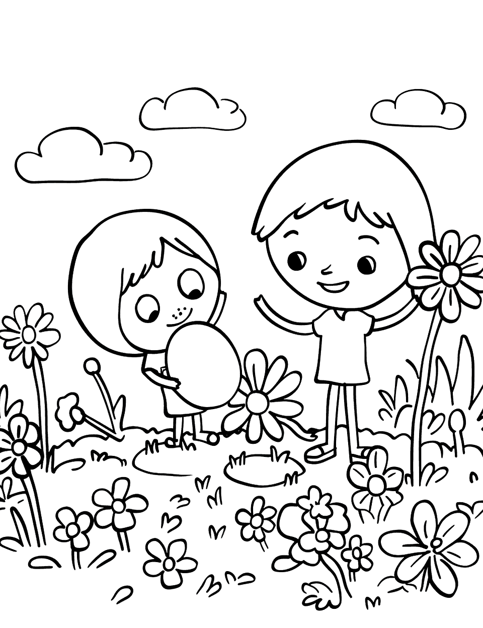Oval Egg Hunt Shapes Coloring Page - A garden scene with children searching for oval-shaped eggs hidden among flowers.