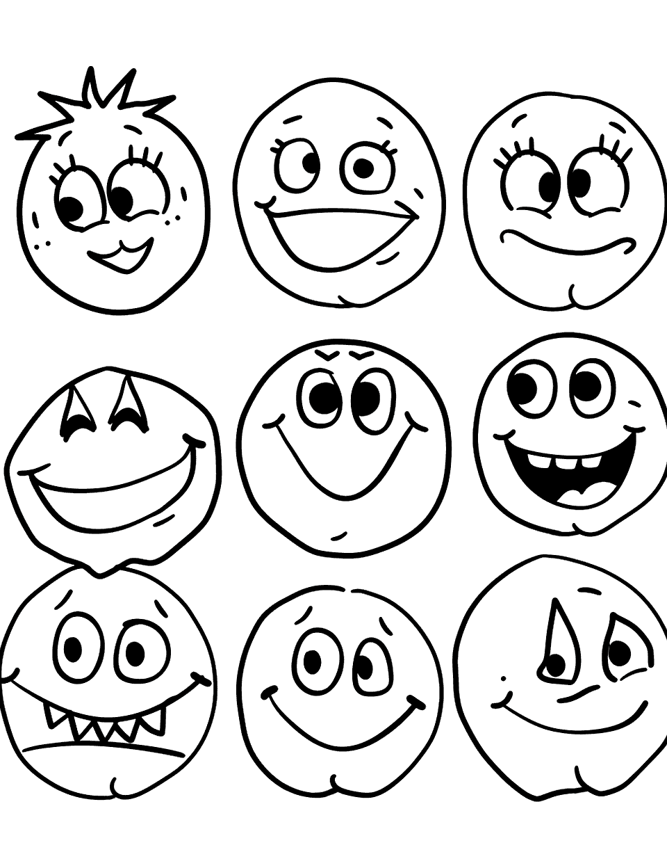 Cute Circle Faces Shapes Coloring Page - Various smiley faces drawn inside circles, each with different expressions.