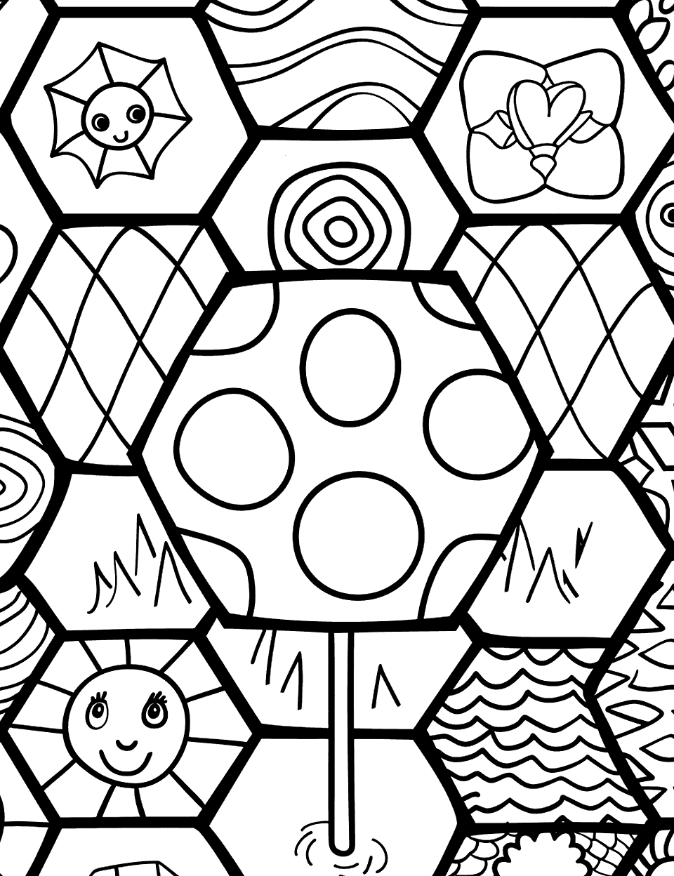 Cool Hexagon Patterns Shapes Coloring Page - A page filled with hexagons arranged in a honeycomb pattern, each with unique designs inside.