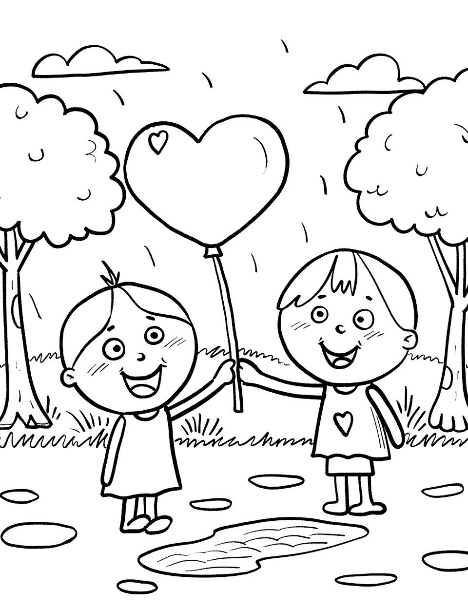 Heart Balloon Festival Shapes Coloring Page - Children holding heart-shaped balloons in a park, with trees and a mini pond.
