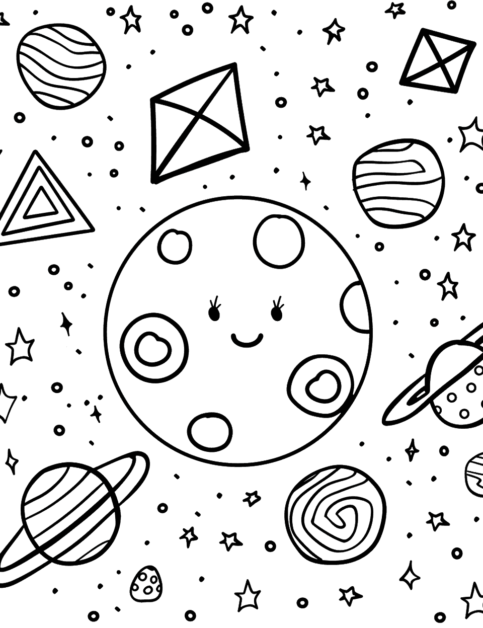Basic Shapes in Space Coloring Page - Planets shaped like squares, circles, and triangles floating in a starry sky.