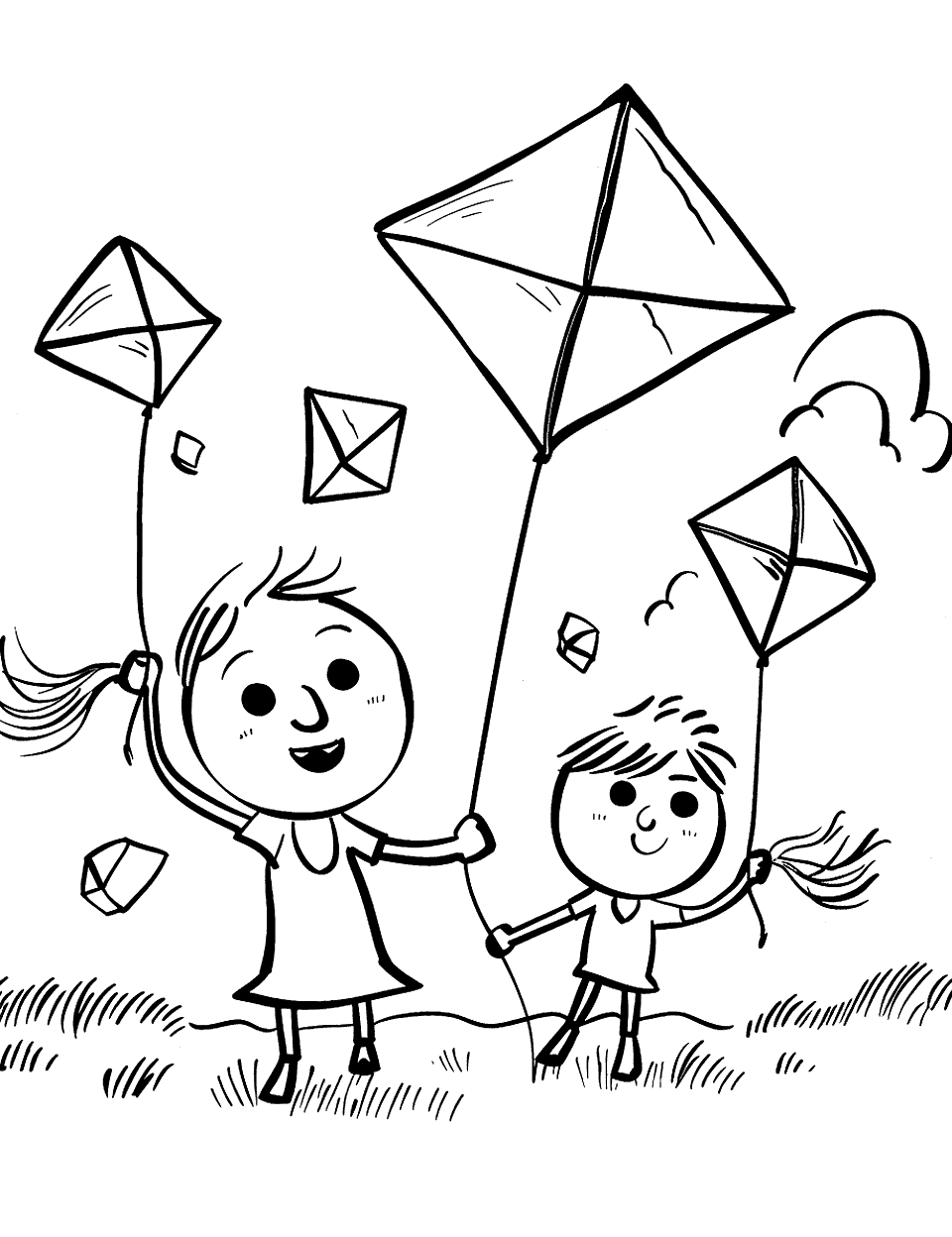 Diamond Kites Shapes Coloring Page - Kids flying kites shaped like diamonds, with long tails fluttering in the wind.