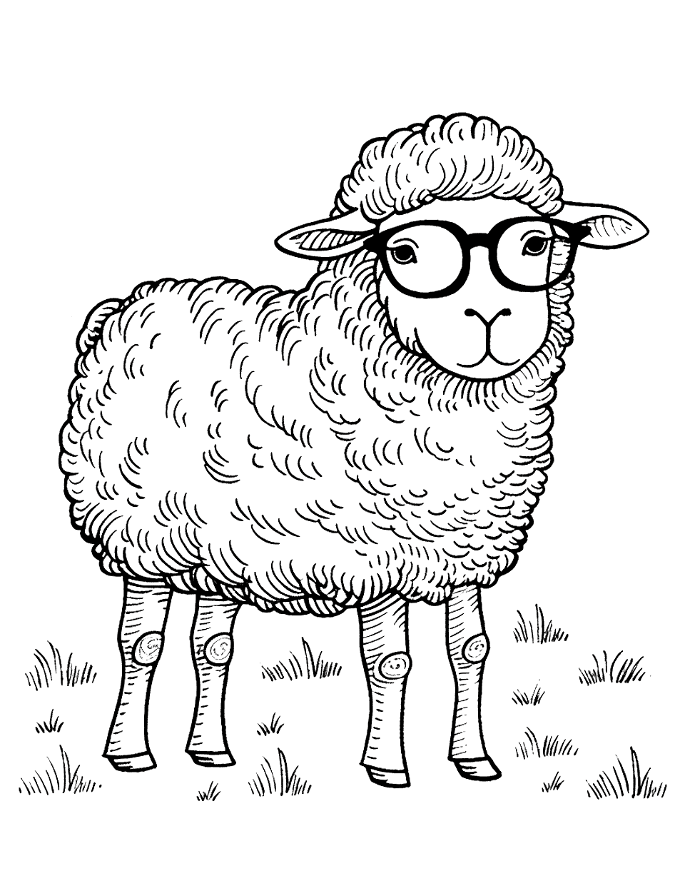 Sheep with Glasses Coloring Page - A cool sheep wearing oversized Glasses is standing in a meadow.