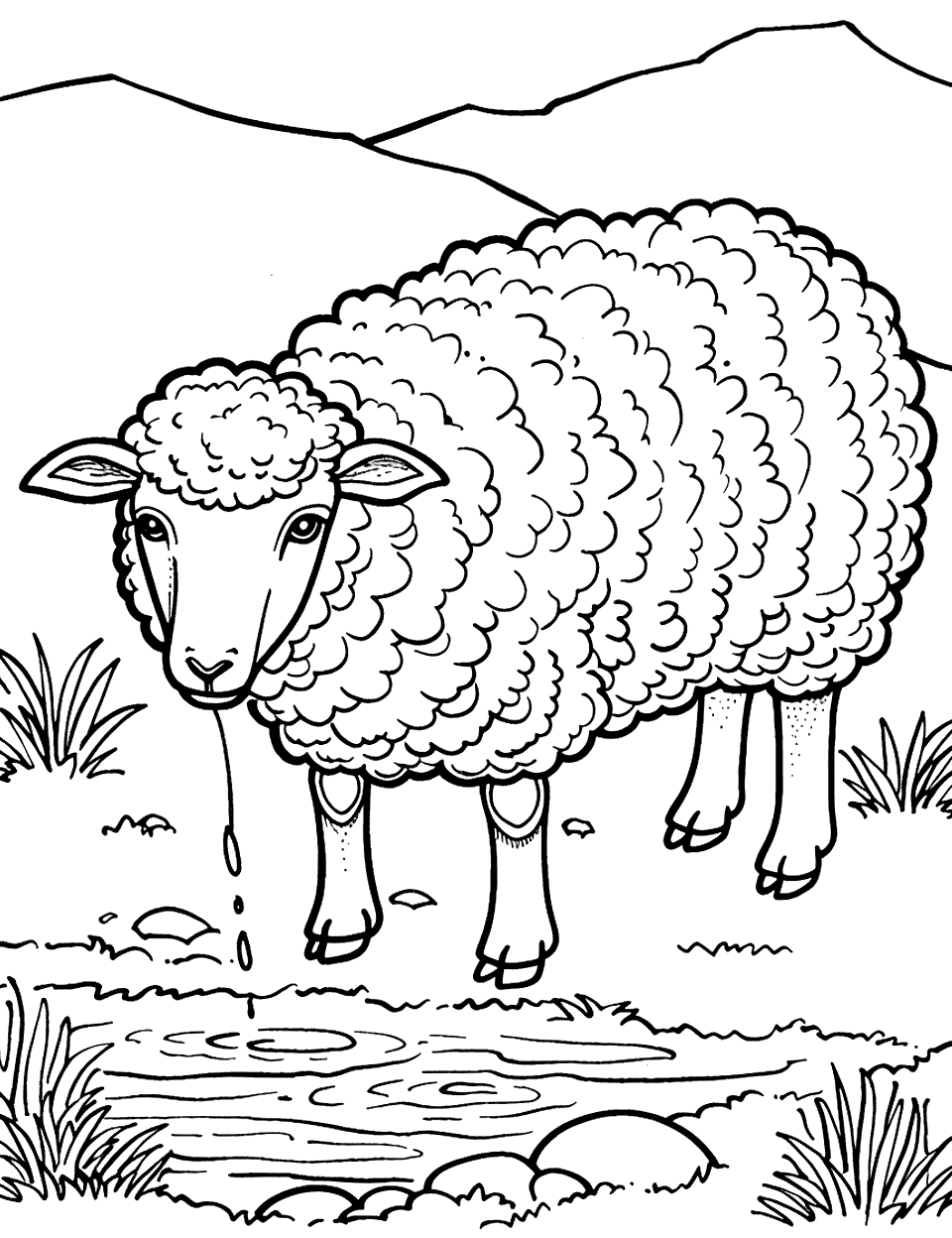 Sheep by the Brook Coloring Page - A sheep drinking water from a clear brook in a serene setting.