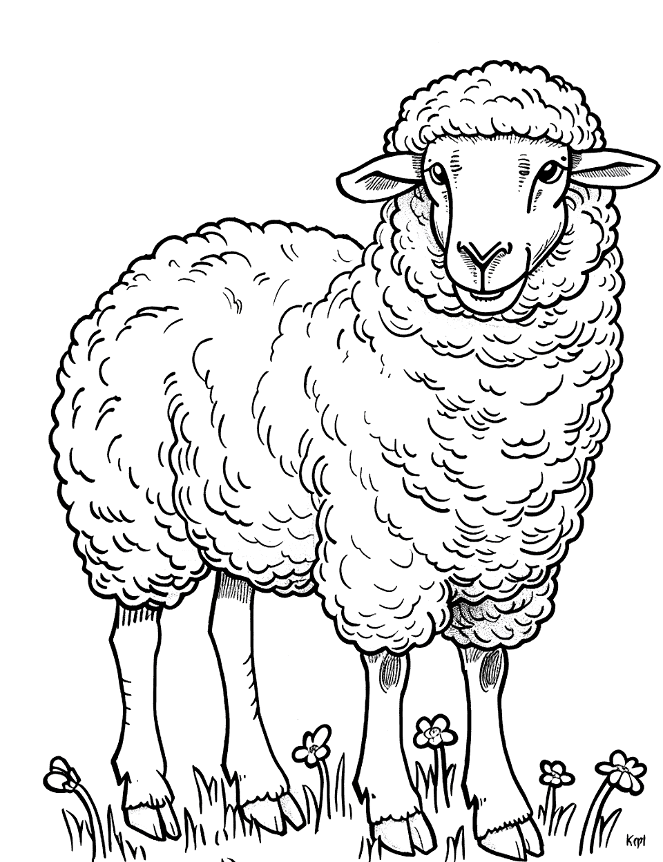 Woolly Sheep Getting Sheared Coloring Page - A sheep standing still after being gently sheared by a farmer.