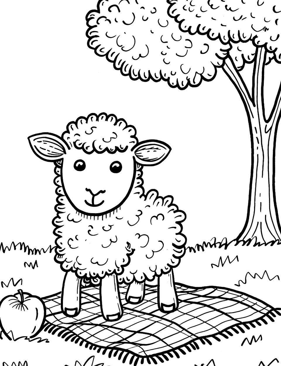 Sheep Enjoying a Picnic Coloring Page - A sheep sitting near a picnic blanket with an apple tree in the background.