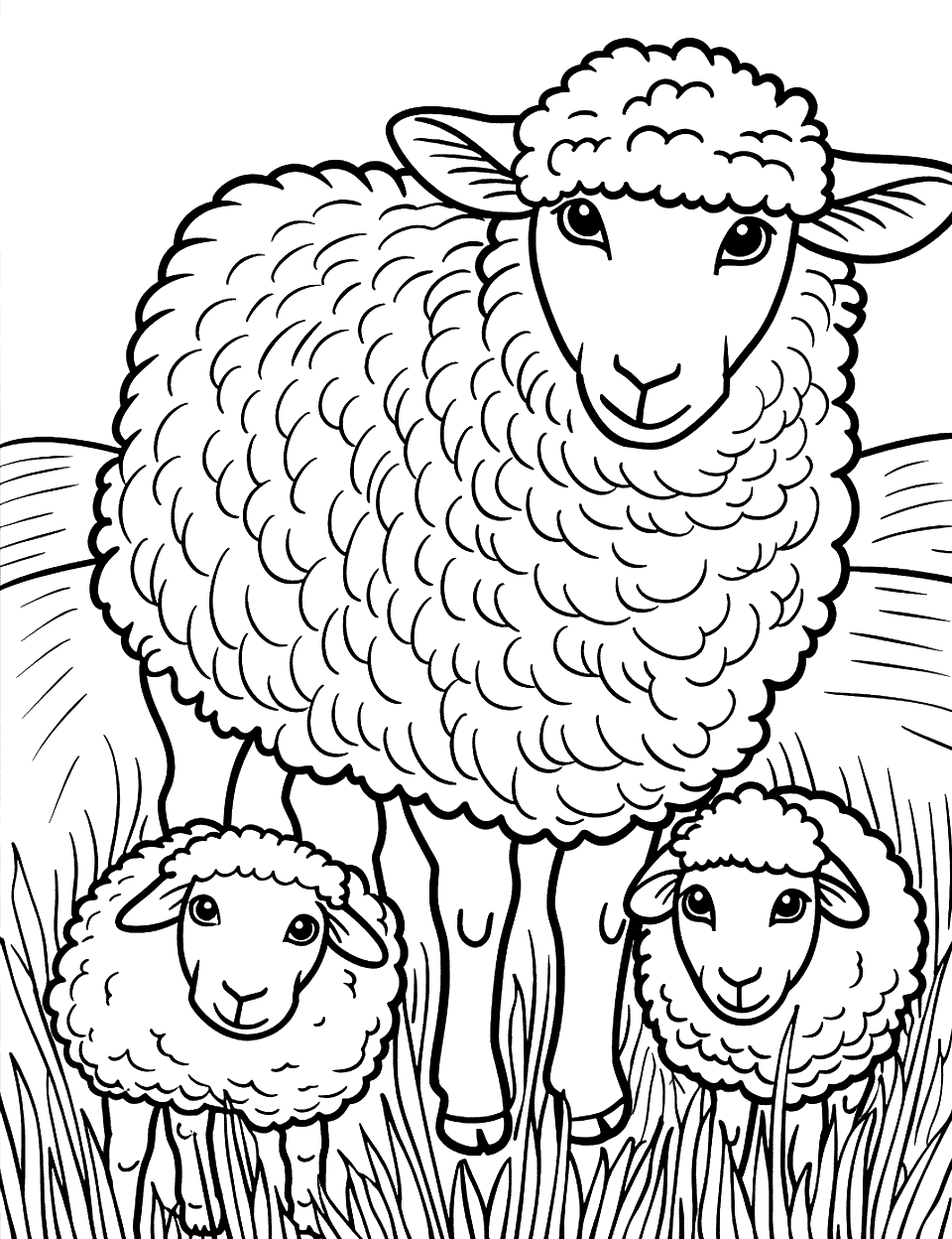 Mother Sheep with Lambs Coloring Page - A mother sheep watching over her playful lambs in a lush grass field.