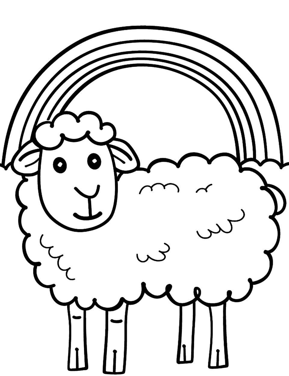 Rainbow Over Sheep Coloring Page - A rainbow arching over a sheep looking up in wonder.