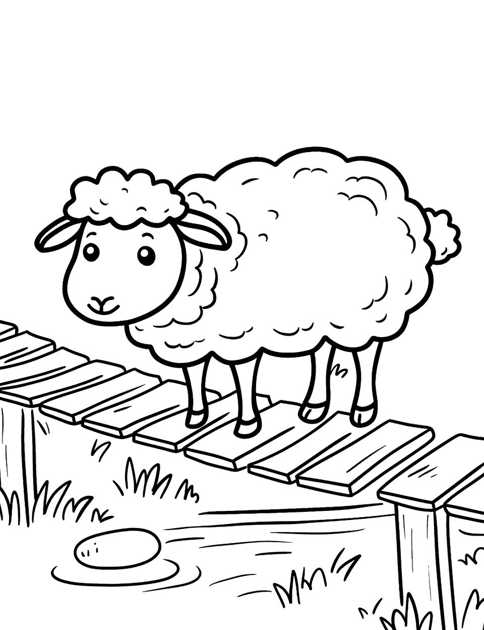 Sheep Crossing a Wooden Bridge Coloring Page - A sheep cautiously crossing a small wooden bridge over a stream.