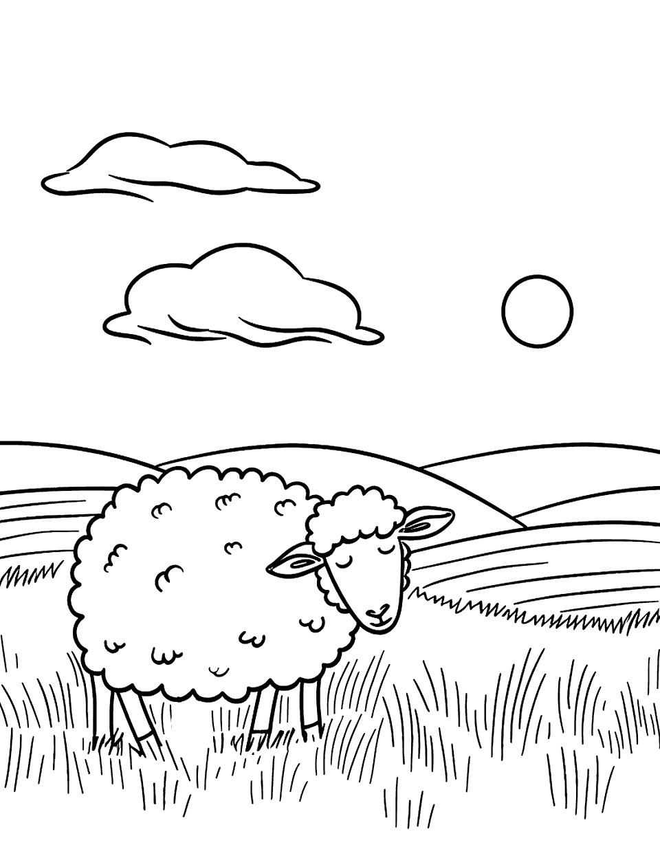 Sleepy Sheep at Dusk Coloring Page - A sheep settling down to sleep as dusk settles over the farm landscape.