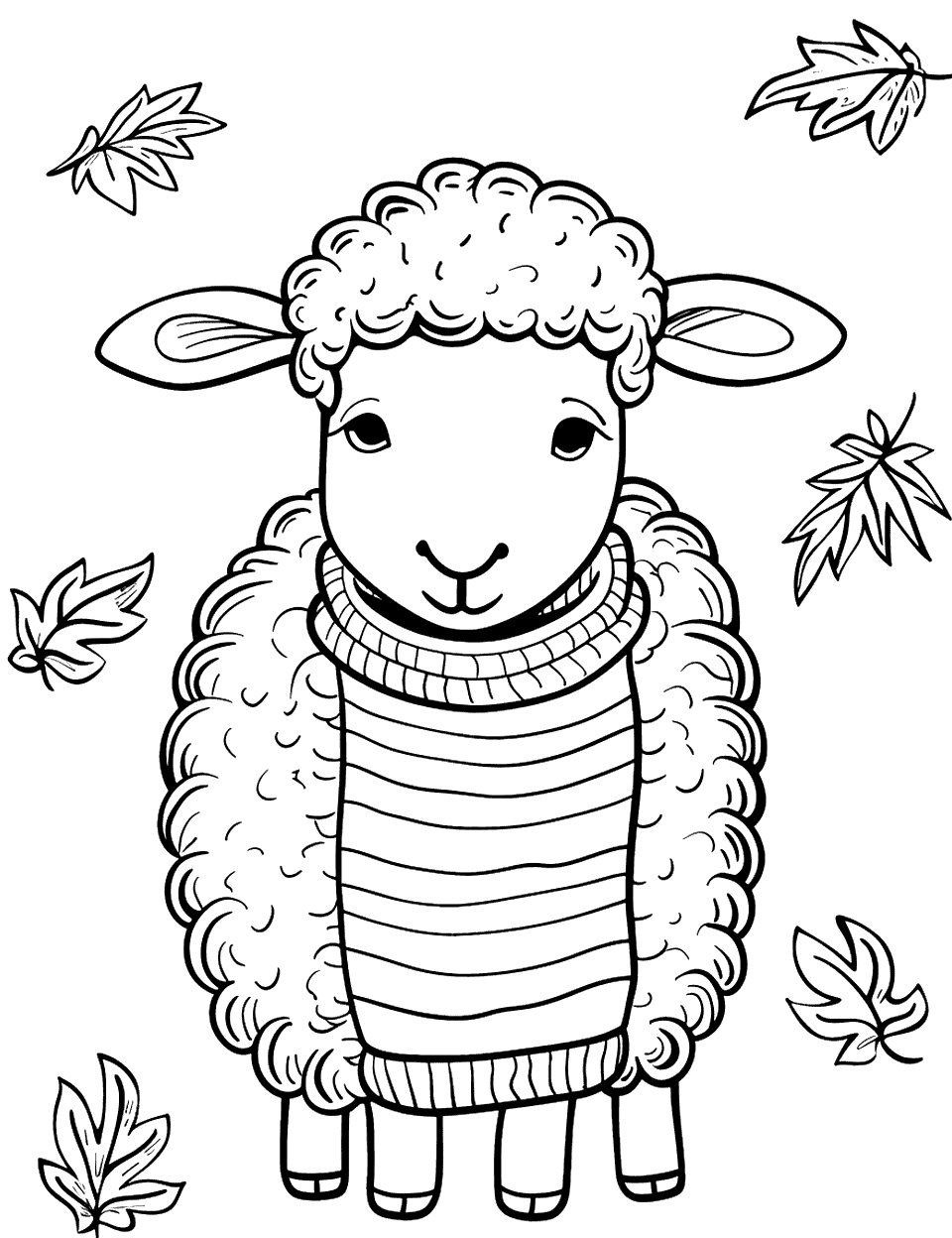 Sheep in a Sweater Coloring Page - A cute sheep wearing a cozy, knitted sweater as autumn leaves fall around it.