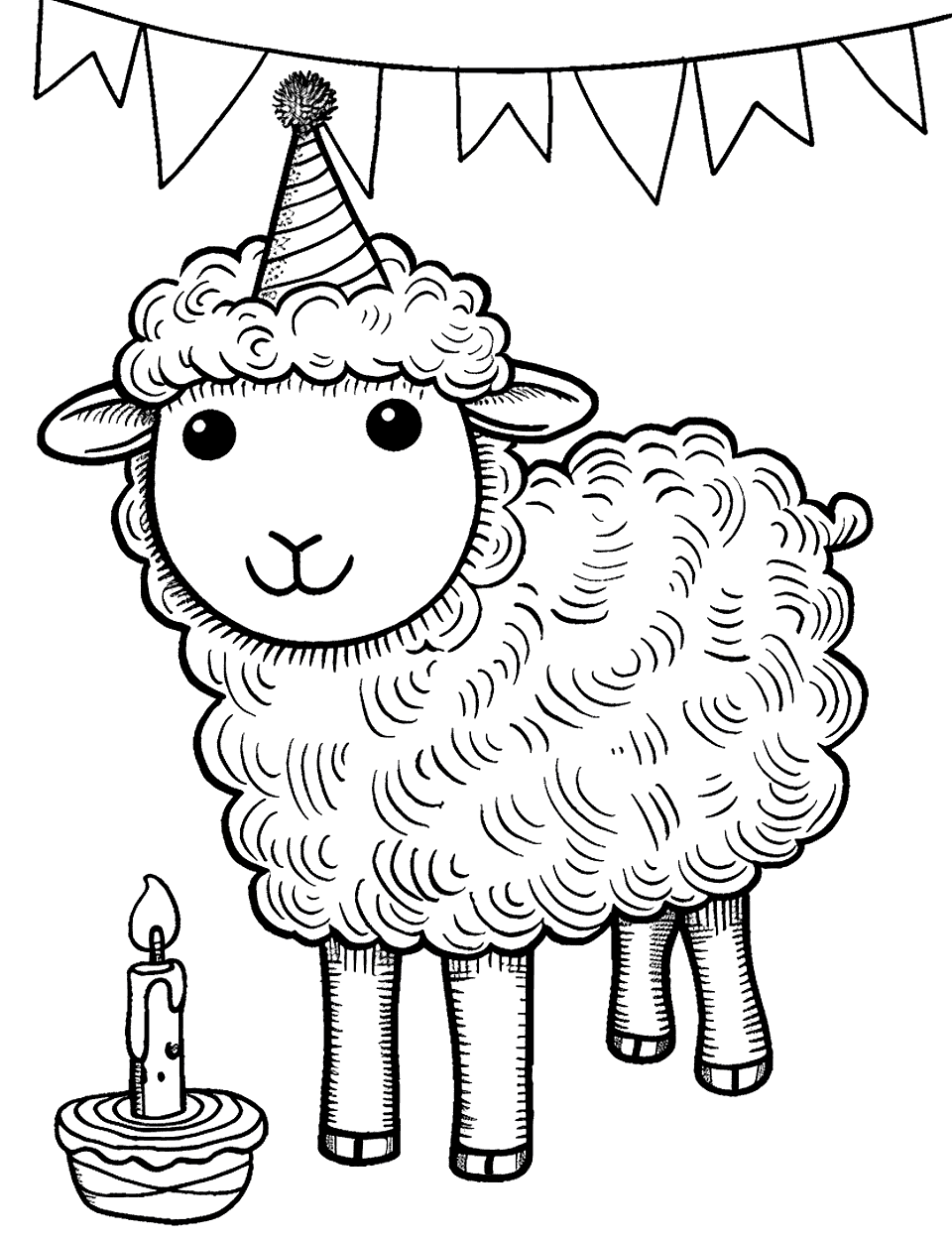 Birthday Party Sheep Coloring Page - A sheep wearing a party hat beside a small cake with candles in a festive setting.