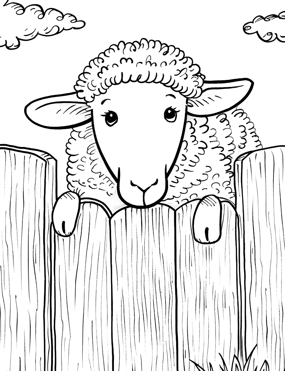 Curious Sheep at the Fence Coloring Page - A curious sheep peeking from the top of a wooden fence.