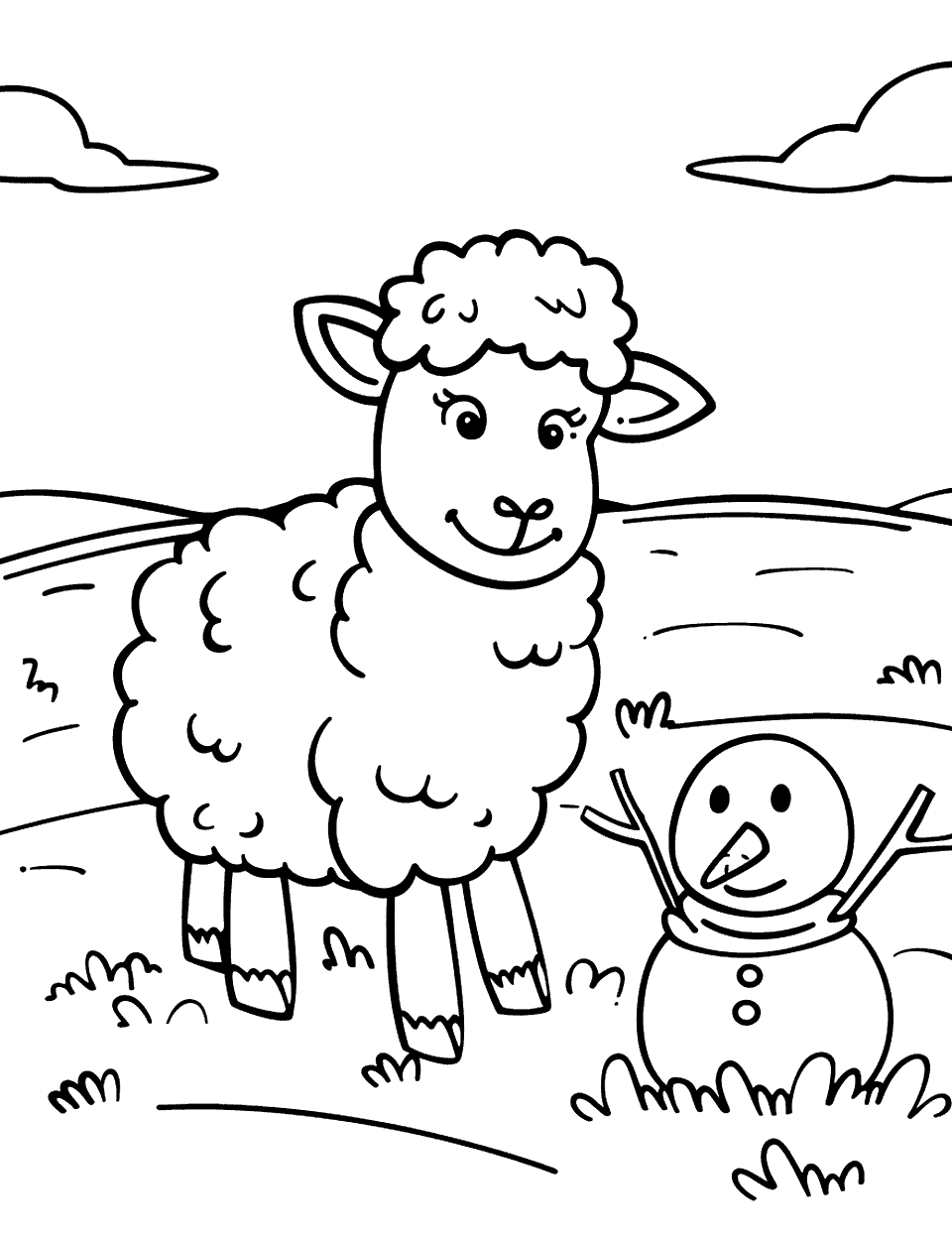 Sheep Making a Snowman Coloring Page - A sheep playfully assembling a snowman in a snowy field.