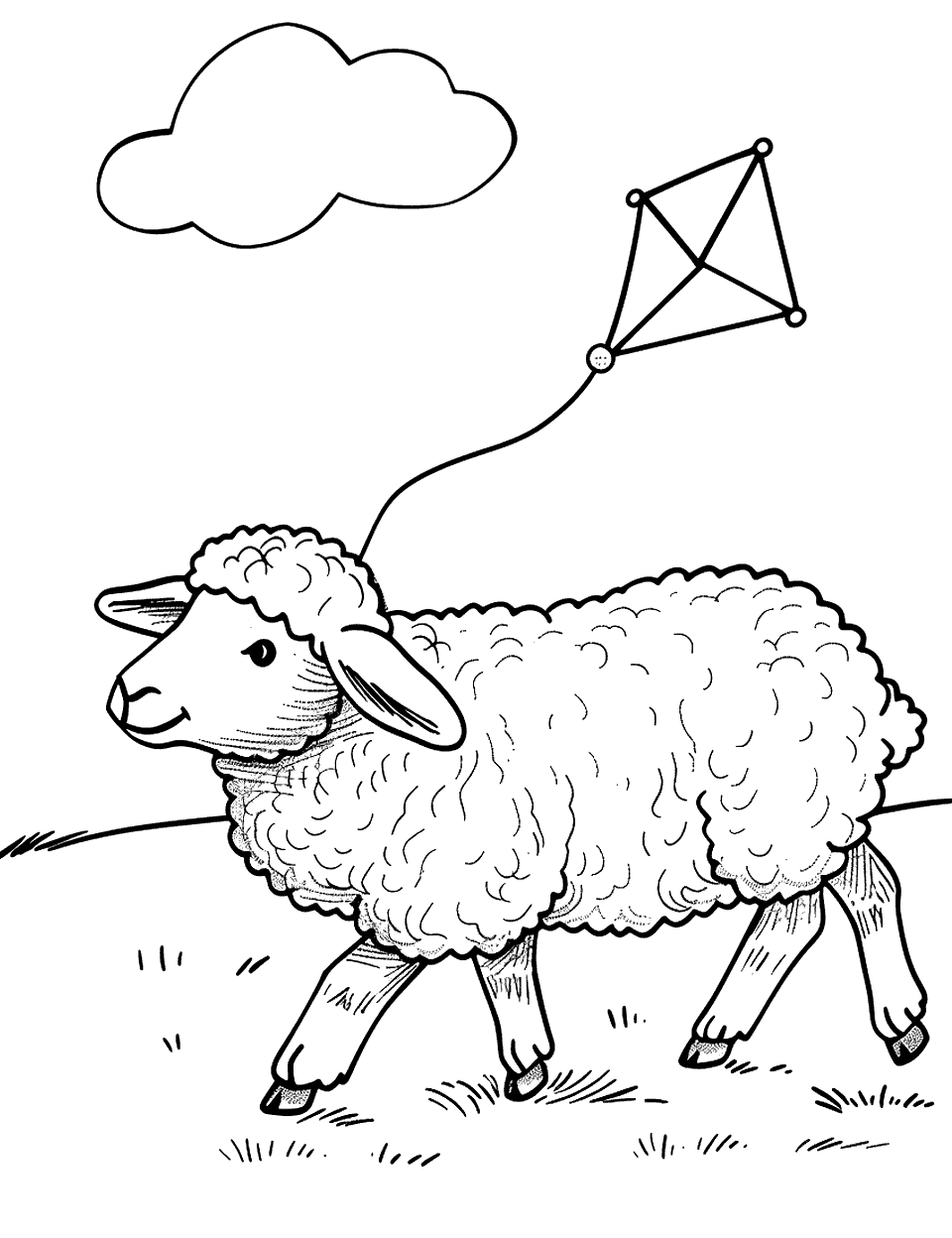 Sheep with a Kite Coloring Page - A sheep running across a field, flying a kite overhead.