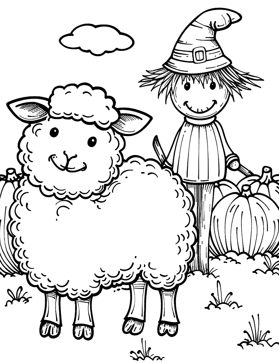 Sheep and a Scarecrow Coloring Page - A sheep standing next to a friendly scarecrow in a pumpkin patch.