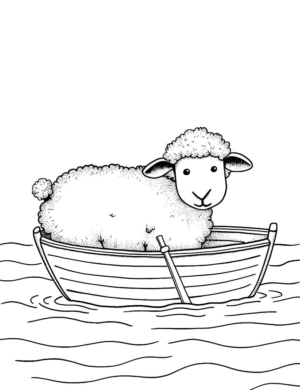 Sheep in a Boat Coloring Page - A sheep rowing a small boat in a calm pond.