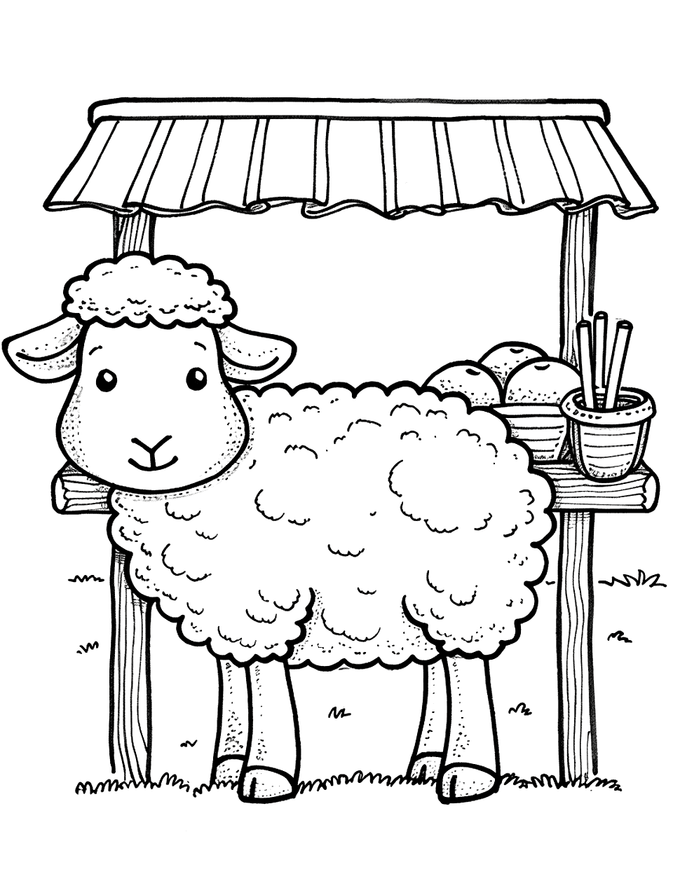 Sheep at a Lemonade Stand Coloring Page - A sheep standing behind a homemade lemonade stand in the summer.