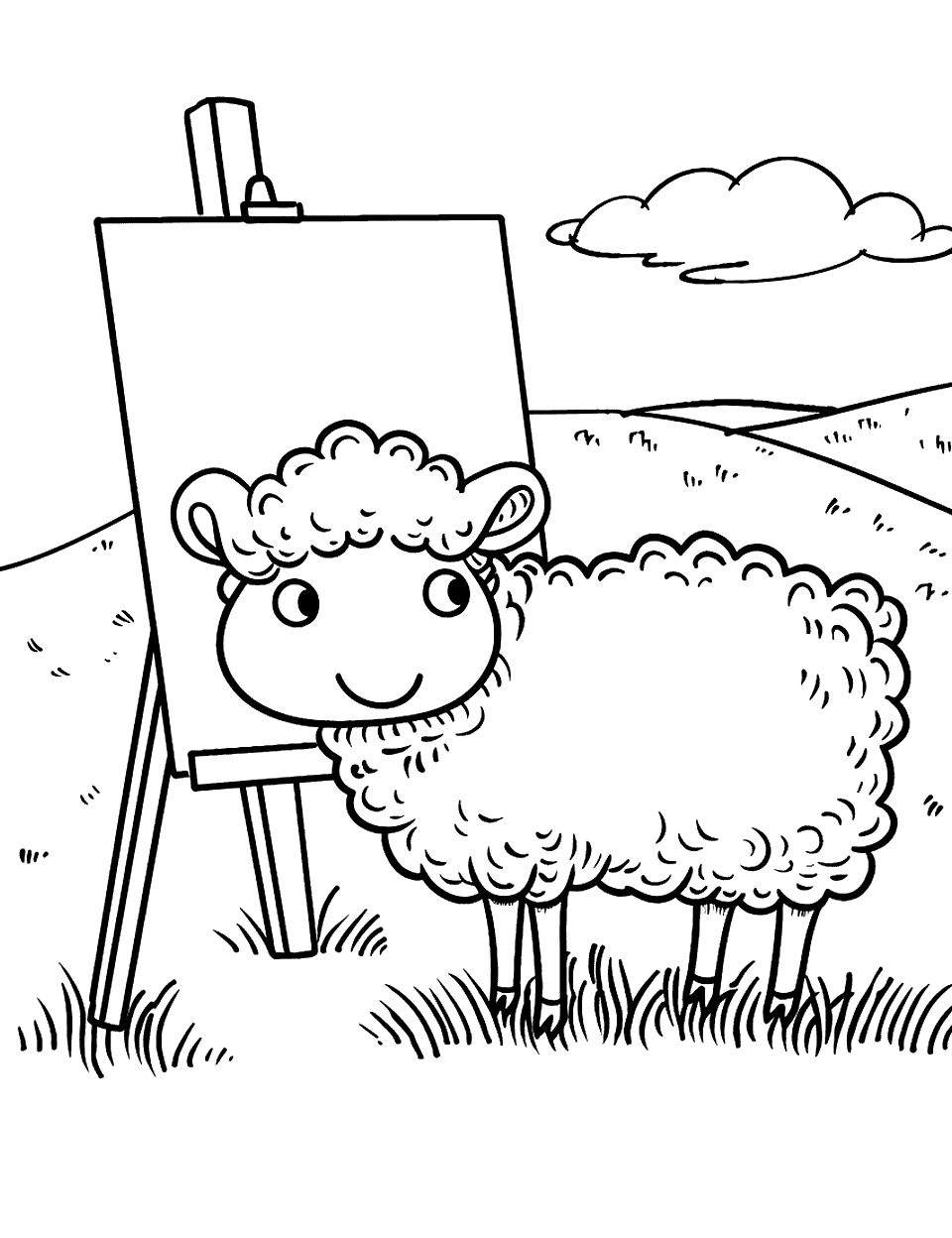 Artist Sheep Painter Coloring Page - A sheep with a canvas in front of it in the field with a mountain in the background.