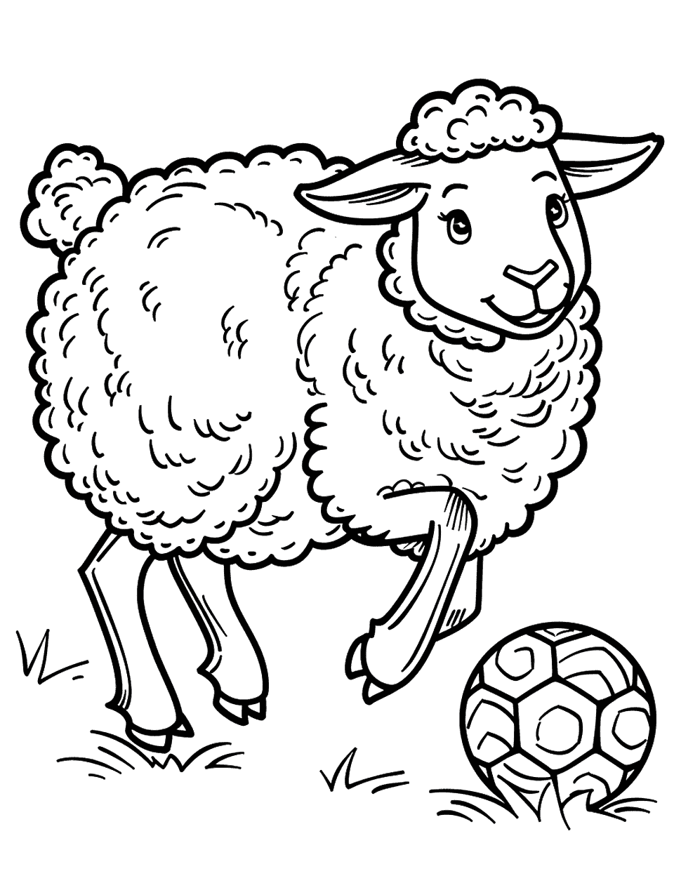 Sheep Playing Soccer Coloring Page - A sheep kicking a soccer ball, action captured in a dynamic pose.