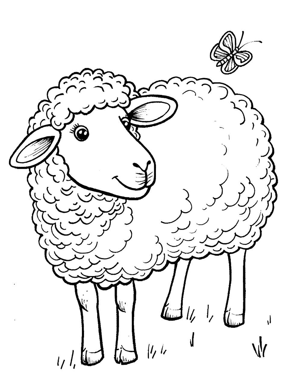 Sheep and a Butterfly Coloring Page - A sheep looking at a butterfly that is flying around.