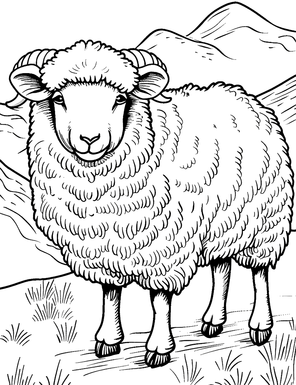 Valais Blacknose Sheep Coloring Page - A fluffy Valais Blacknose sheep standing in a Swiss mountain pasture.