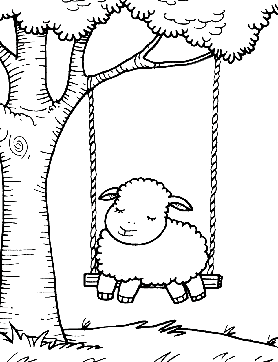 Sheep on a Swing Coloring Page - A sheep swinging gently under a large tree.