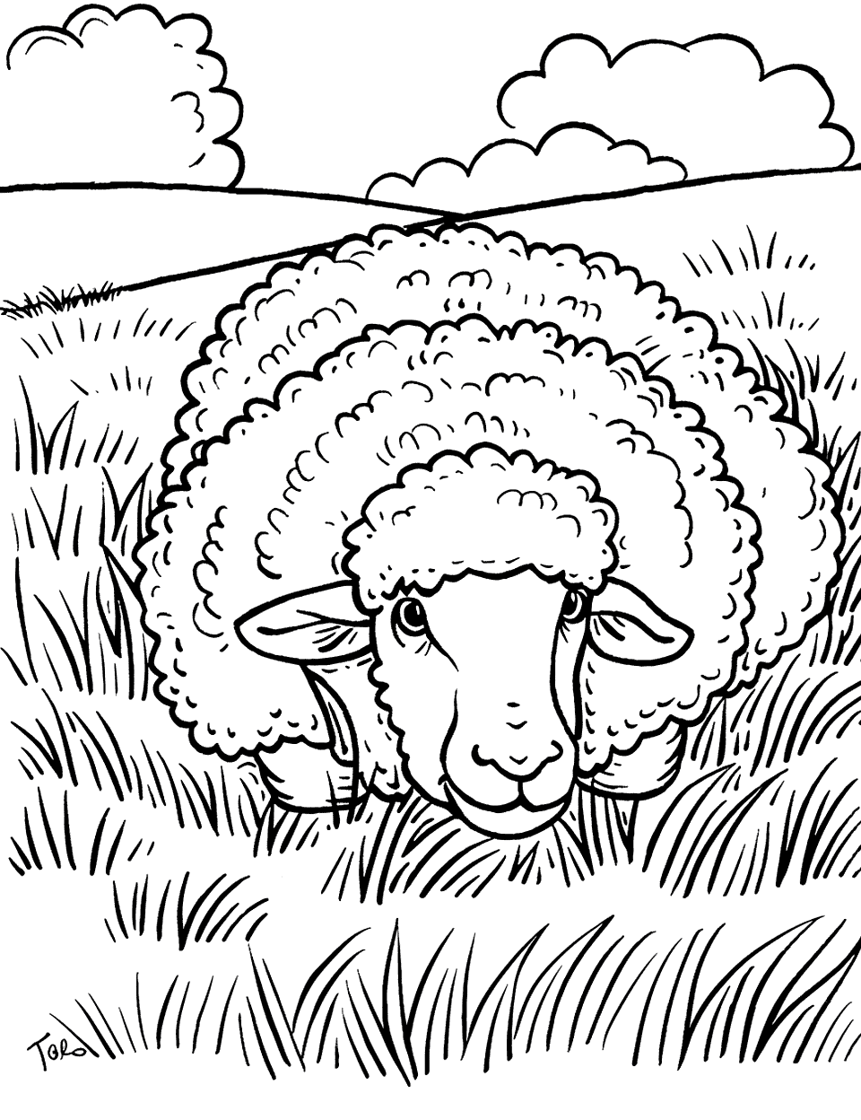 Texel Sheep at Rest Coloring Page - A Texel sheep lying down after chewing on some grass in a peaceful farm setting.