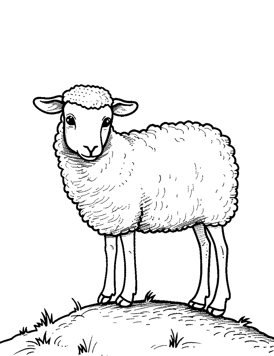Cameroon Sheep on a Hill Coloring Page - A Cameroon sheep standing atop a small hill, looking into the distance.