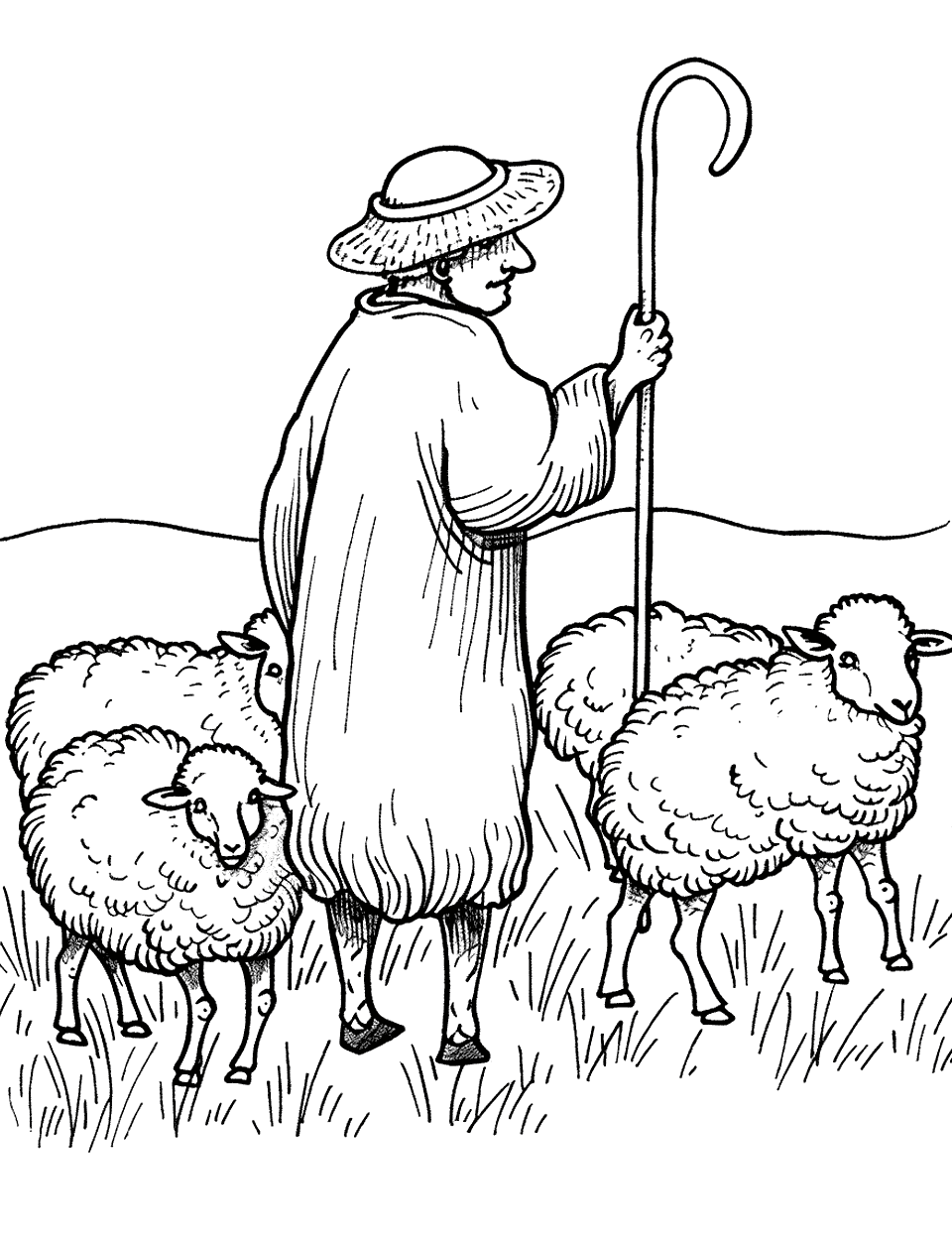 Shepherd with His Flock Sheep Coloring Page - A shepherd standing beside a flock of sheep, holding a staff.