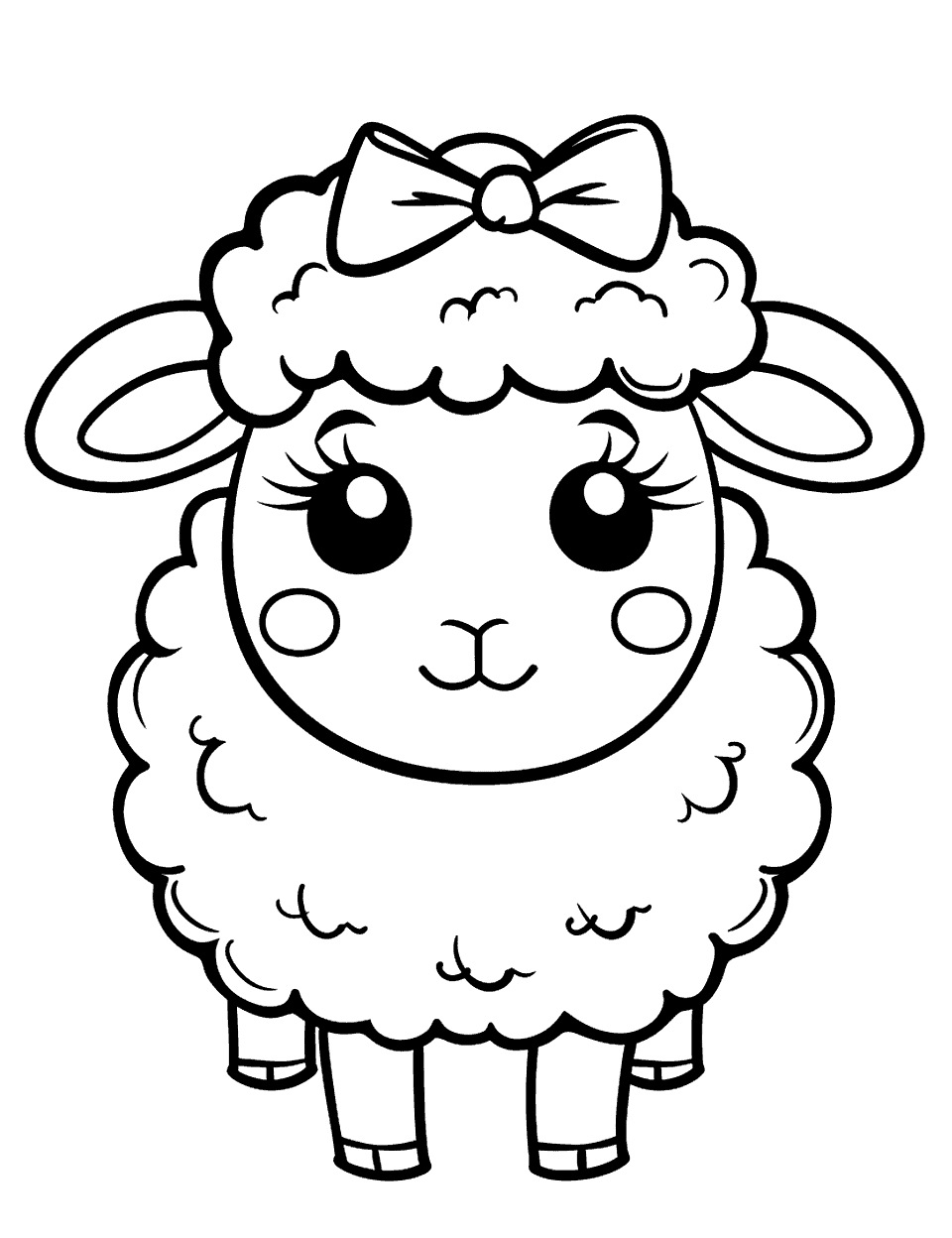 Kawaii Sheep with a Bow Coloring Page - A cute, stylized ‘kawaii’ sheep wearing a bow on its head.