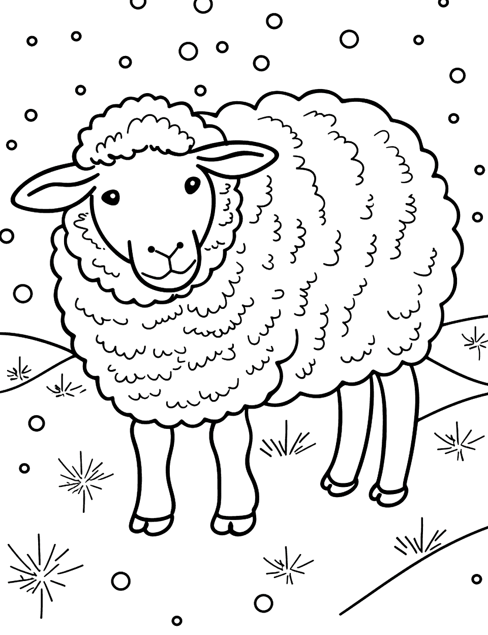 Sheep in Winter Wool Coloring Page - A sheep covered in thick wool, with snow gently falling around it.