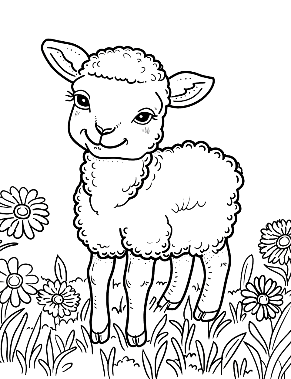Baby Sheep Playing Coloring Page - A playful lamb frolicking around in a meadow filled with wildflowers.