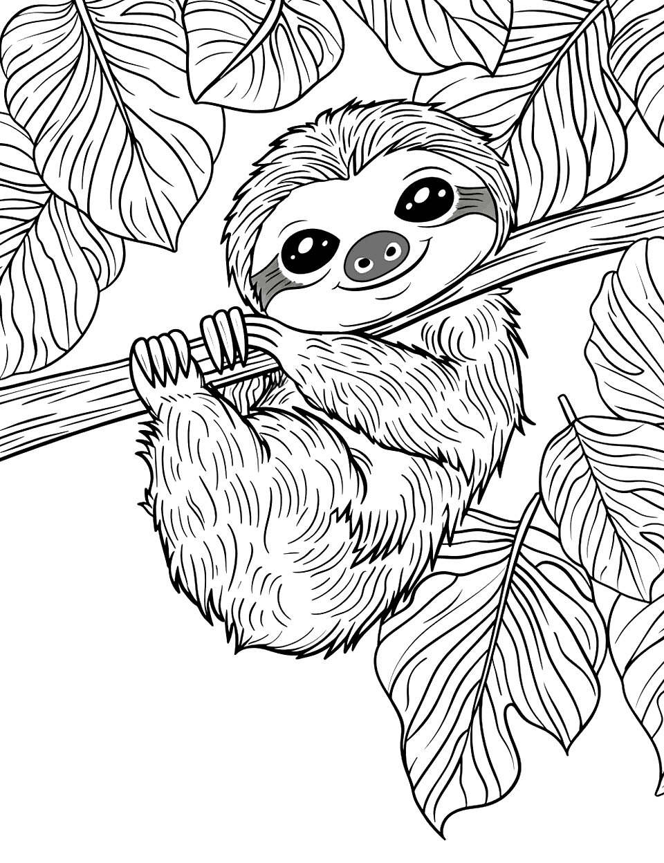 Cute Baby Sloth Hanging from a Tree Coloring Page - A small, adorable baby sloth clings to a branch with a broad smile, surrounded by large green leaves.