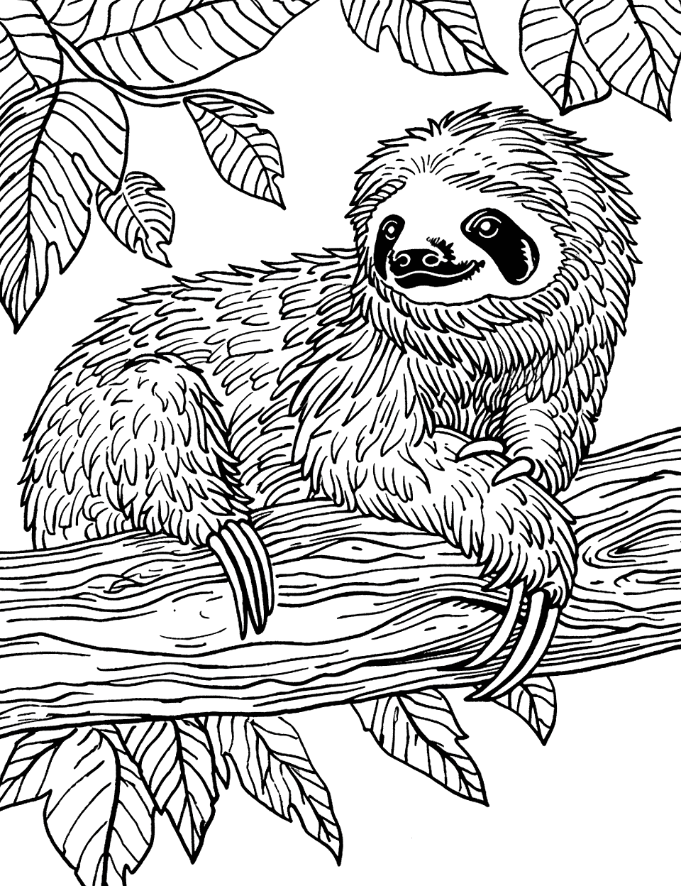 Sloth Chilling Coloring Page - A sloth chilling on a log looking around curiously.