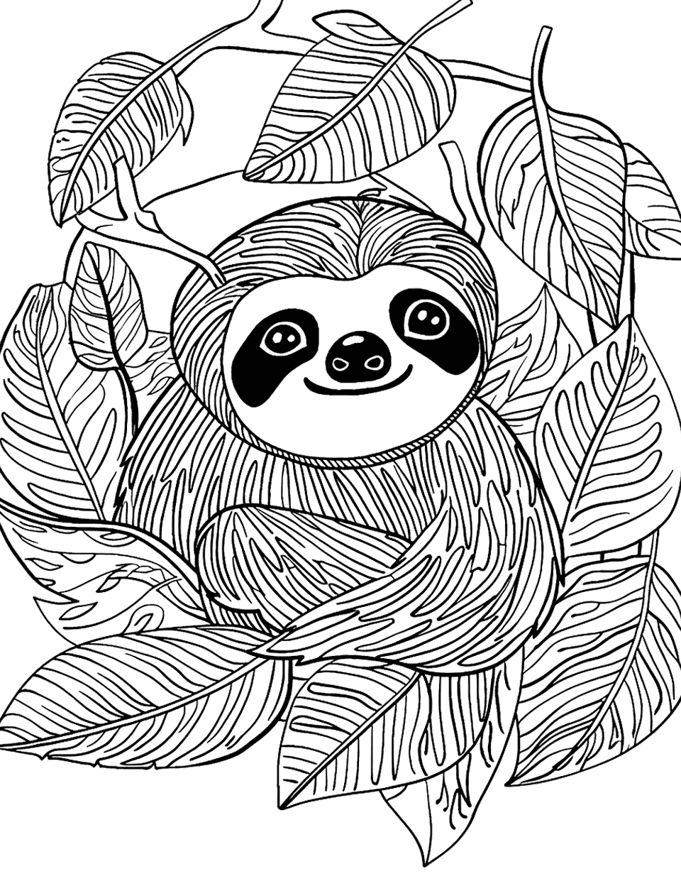 Leafy Haven for a Sloth Coloring Page - A sloth surrounded by various leaves.