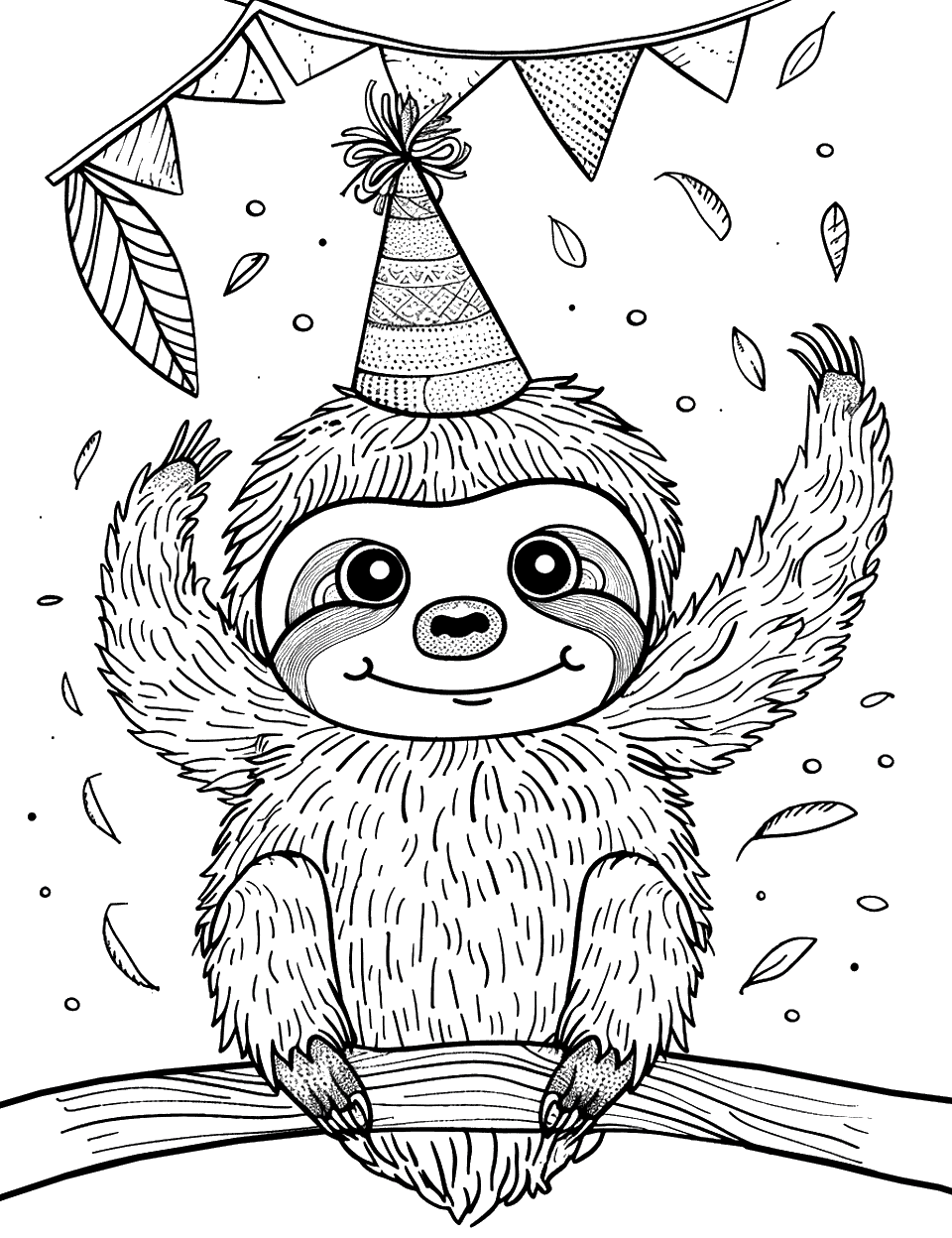 Fun Sloth in a Party Hat Coloring Page - A sloth celebrating with a colorful party hat on.