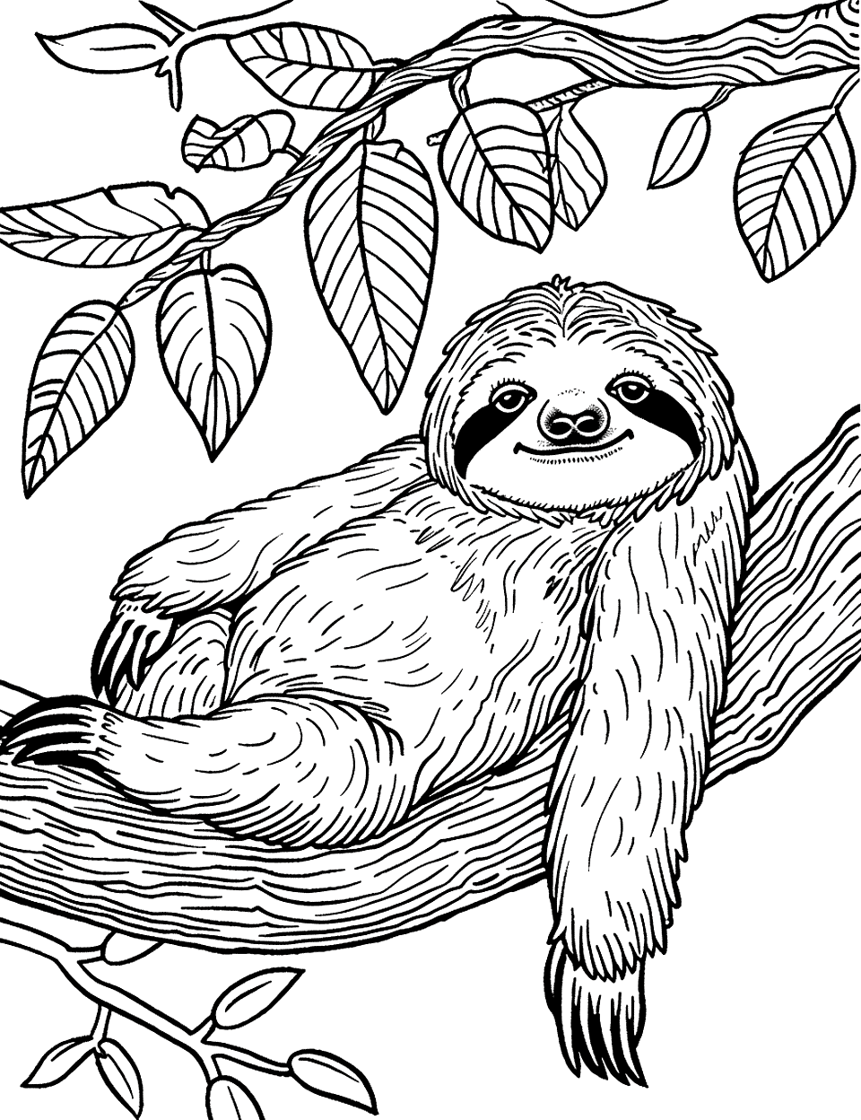 Lazy Day for a Sloth Coloring Page - A sloth sprawled out, looking very relaxed on a branch.