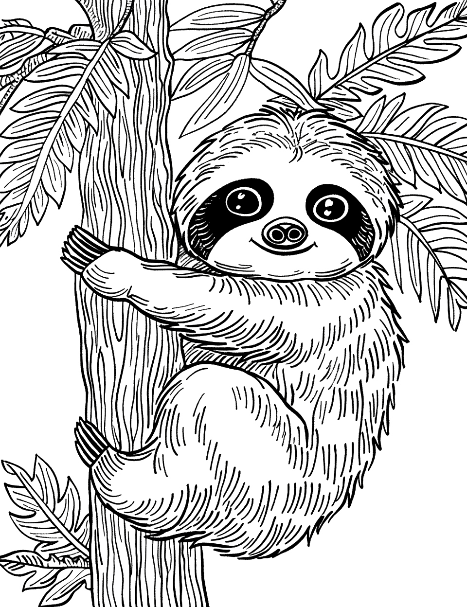 Young Sloth Learning to Climb Coloring Page - A young sloth with an expression of determination, clumsily climbing a small tree.