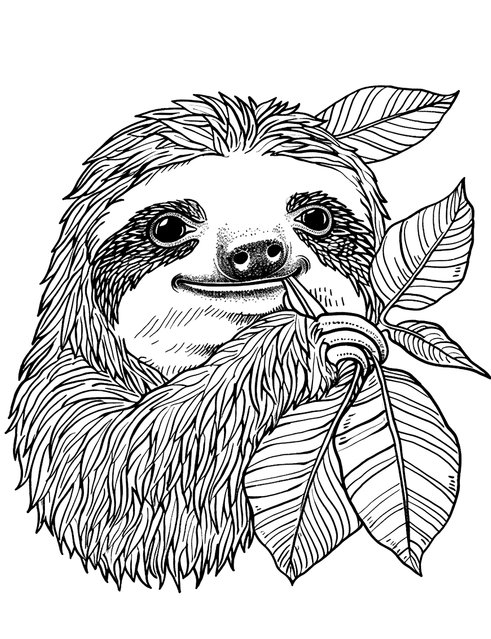 Sloth Enjoying a Snack Coloring Page - A scene where a sloth is munching on a leaf.