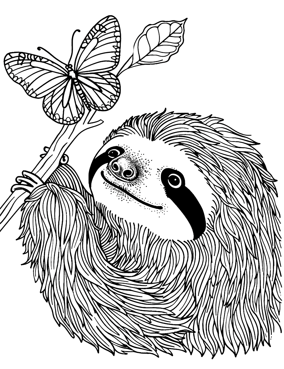 Sloth with a Butterfly Coloring Page - A delightful scene where a sloth is looking at a butterfly.