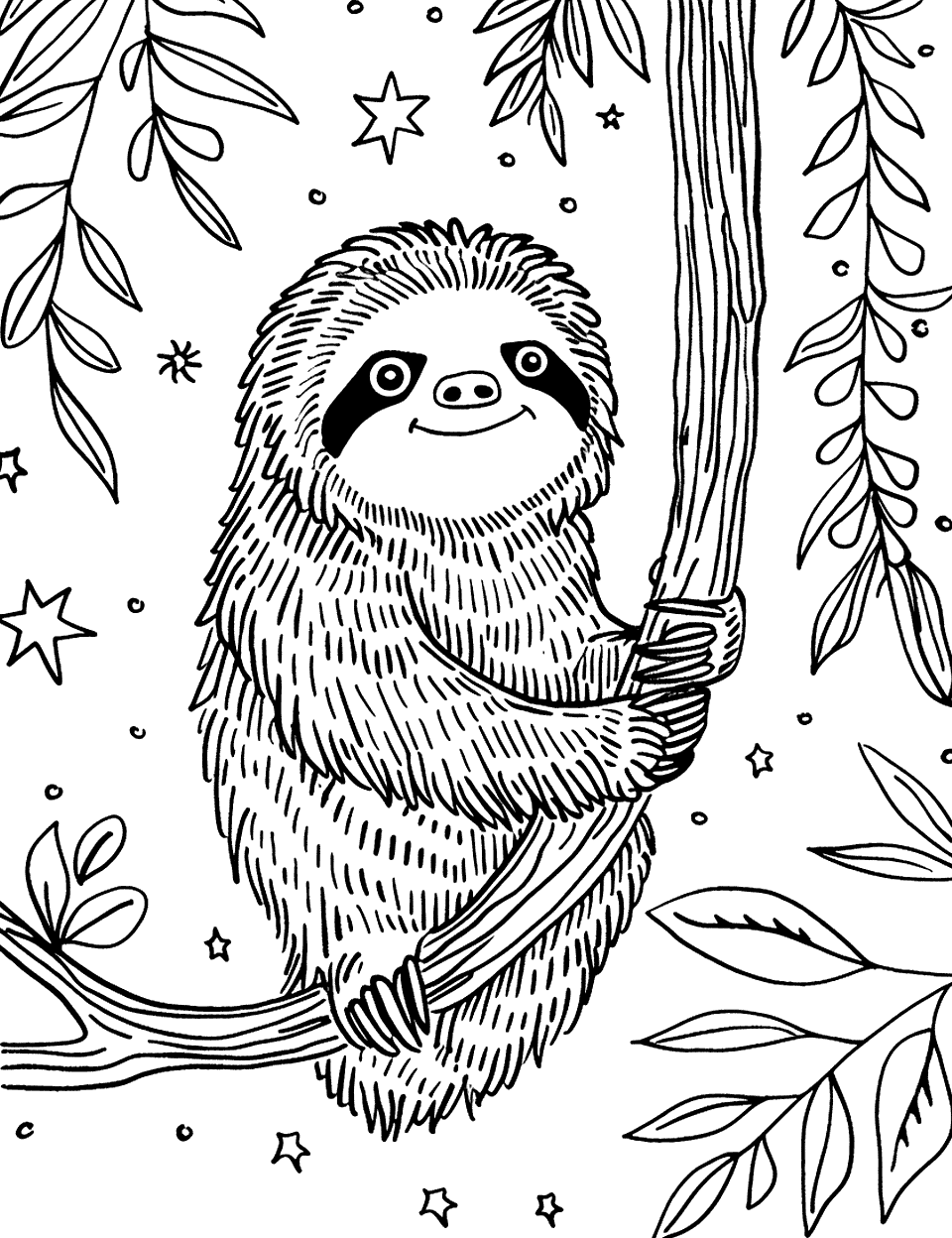 Star Gazing Sloth at Night Coloring Page - A sloth looking up at a starry night sky, positioned on a branch that gently sways.