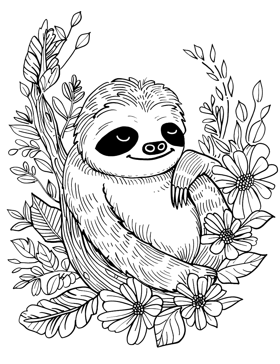 Sloth in a Simple Floral Setting Coloring Page - A sloth sitting among flowers, with a focus on the sloth and minimal floral details.