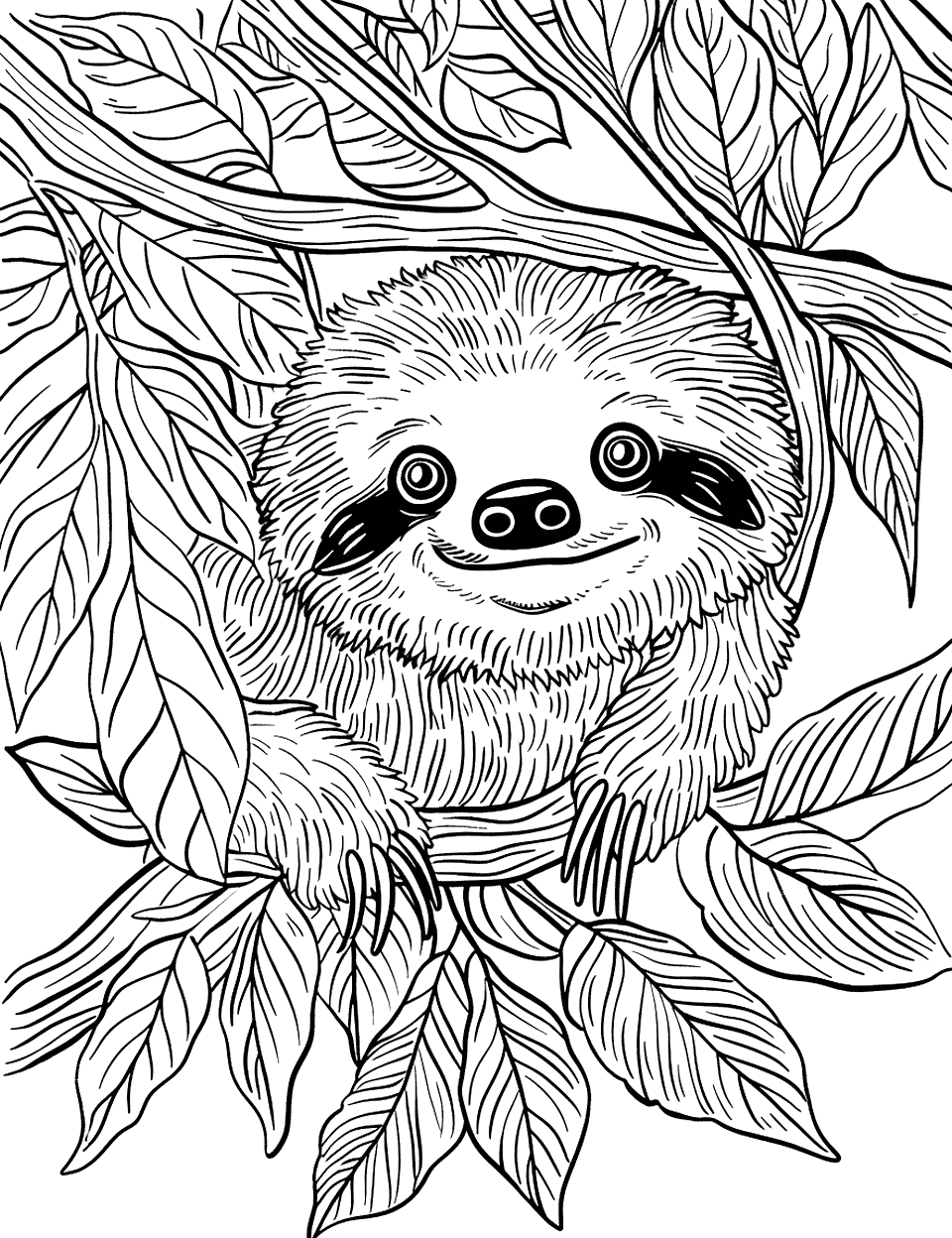 Curious Sloth Peeking Through Leaves Coloring Page - A sloth peeking curiously through a small gap in the leaves, eyes bright and wide.