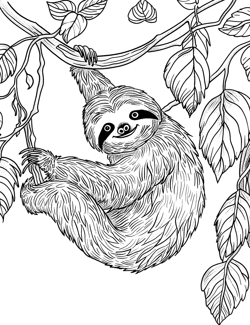 Realistic Sloth on a Vine Coloring Page - A detailed, lifelike sloth with textured fur hangs lazily from a vine.
